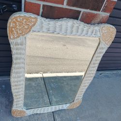 Pier One Jamaica Collection Beige,  White,  Ivory Wicker Rattan Beveled Glass Mirror  Cottage .