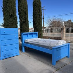 Twin Bed W/ Mattress & 5-Drawer Chest! Solid Wood!