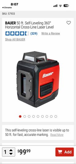 Bauer 50 ft Self-Leveling 360° Cross-Line Laser Level