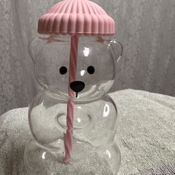 Pink teddy bear cold drink glass coffee cup with straw