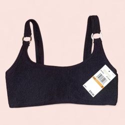 Black ribbed bikini top with gold ring detail 