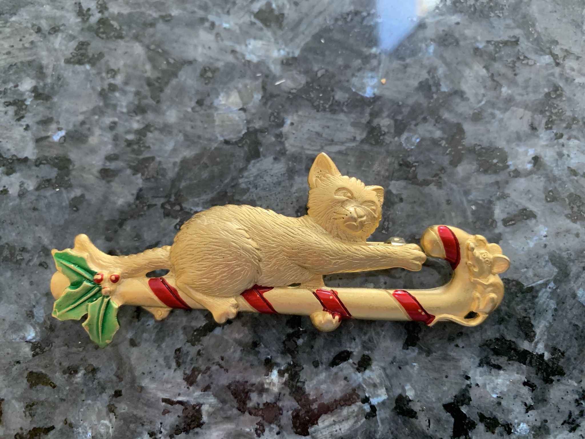 Vintage Cat and Mouse Candy Cane Gold Toned Christmas Pin