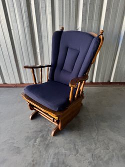 Vintage Wooden Glider Rocking Chair with Navy Blue Cushions