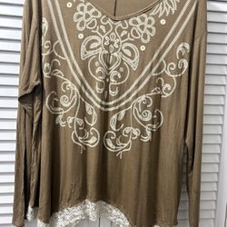 Xl Ladies Light Brown And Beige Tunic Style Top With Fringe Trim 