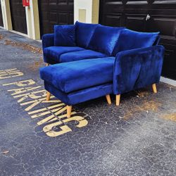 Blue Velvet Sectional Couch Sofa