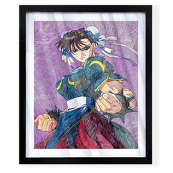 Custom art piece of chun li from street fighter on black frame