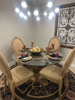 Gorgeous Dining Set Round Glass Marble Inlay Pedestal Table Chairs
