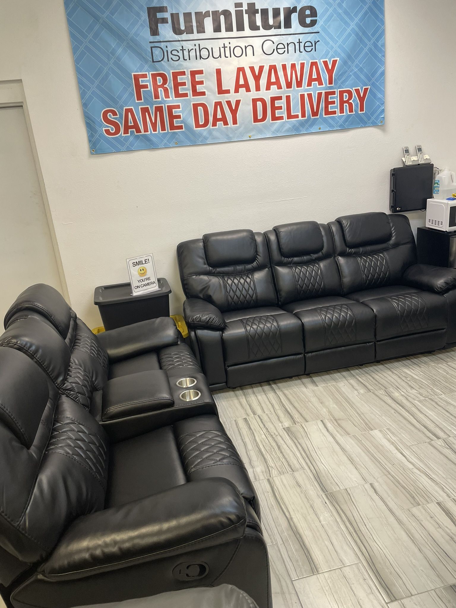 Holiday sale. Santiago, black leather reclining sofa and loveseat set only $1299. Easy finance option. Same day delivery.