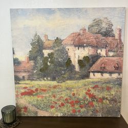 Large 30” Framed Canvas Wall Art Rustic European Village Landscape Painting
