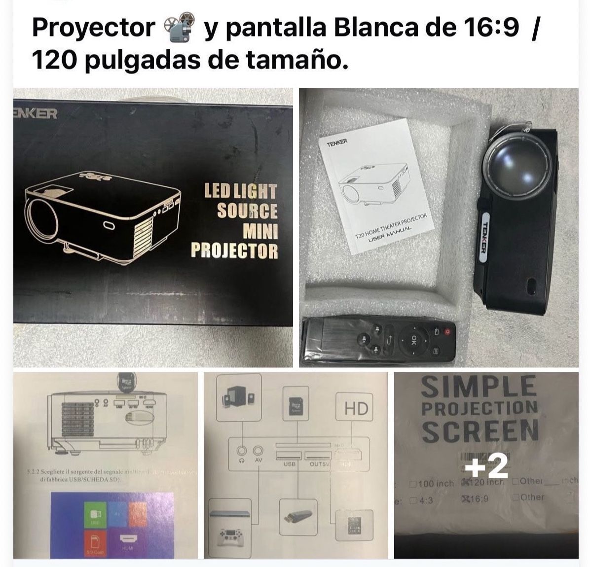 Proyector And White Screen Of 120 Inches Size 16:9