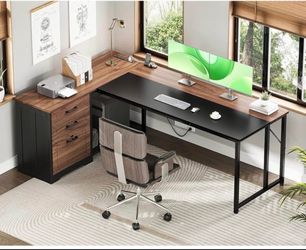 61" L-Shaped Executive Desk with Wood Storage Drawers & Lock
