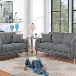 ✅️✅️2 pc dark gray polyfiber woven fabric sofa and love seat set with chrome legs✅️