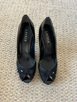 Ralph Lauren Black Patent Leather Peep Toe Heels Size 10M