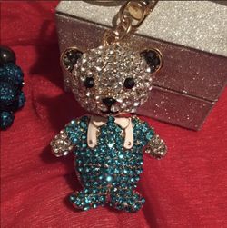 Blue crystal and gold purse charm or keychain