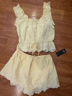 Yellow Eyelet Two-Piece Top and Skirt Set