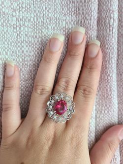 Beautiful created raspberry topaz silver filled ring size 8