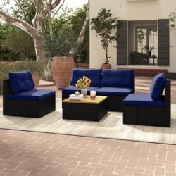 5-Piece Outdoor Metal Patio Conversation Set with Solid Tabletop and Navy Cushions