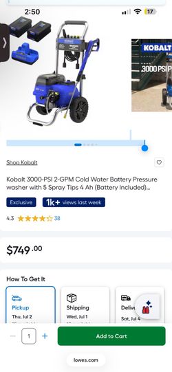 Kobalt 3000-PSI 2-GPM Cold Water Battery Pressure washer with 5 Spray Tips 4 Ah (Battery Included)