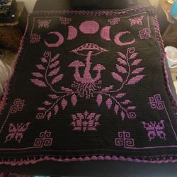 Mosaic Crochet Mushroom Moon Phases Blanket Afghan