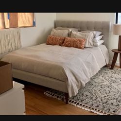 West Elm Emmett Tufted Queen Bed - Walnut Wood Legs