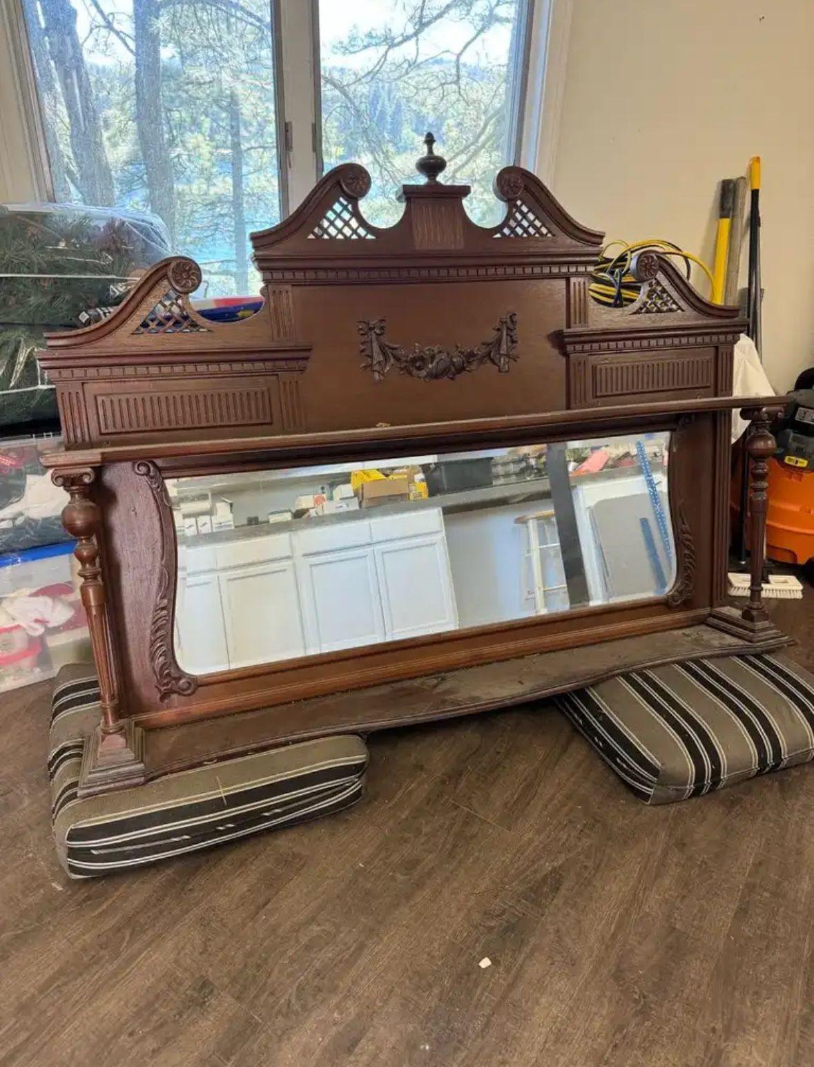 Huge Antique Mahogany Wood Mirror 