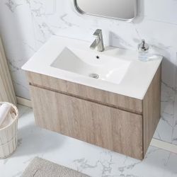 36 Bathroom Vanity without the Handle in Grey Wood Grain with White Ceramic Sink