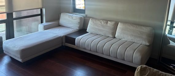 Modern 126” White Modular Sectional Sofa w/ Built-In Walnut Table | Like New