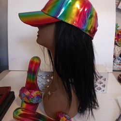 Unisex Iridescent Rainbow Adjustable Hip-Hop Hat Pu Leather Baseball Cap Nwt