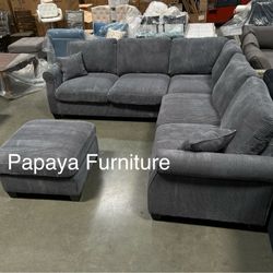 New Plush Dark Gray sectional Couch, Sofa And Ottoman, Sectionals, Gray Couch, Gray Sofa, Corduroy Sectional, Plush Couch, L-Shaped Sofa, Sofas
