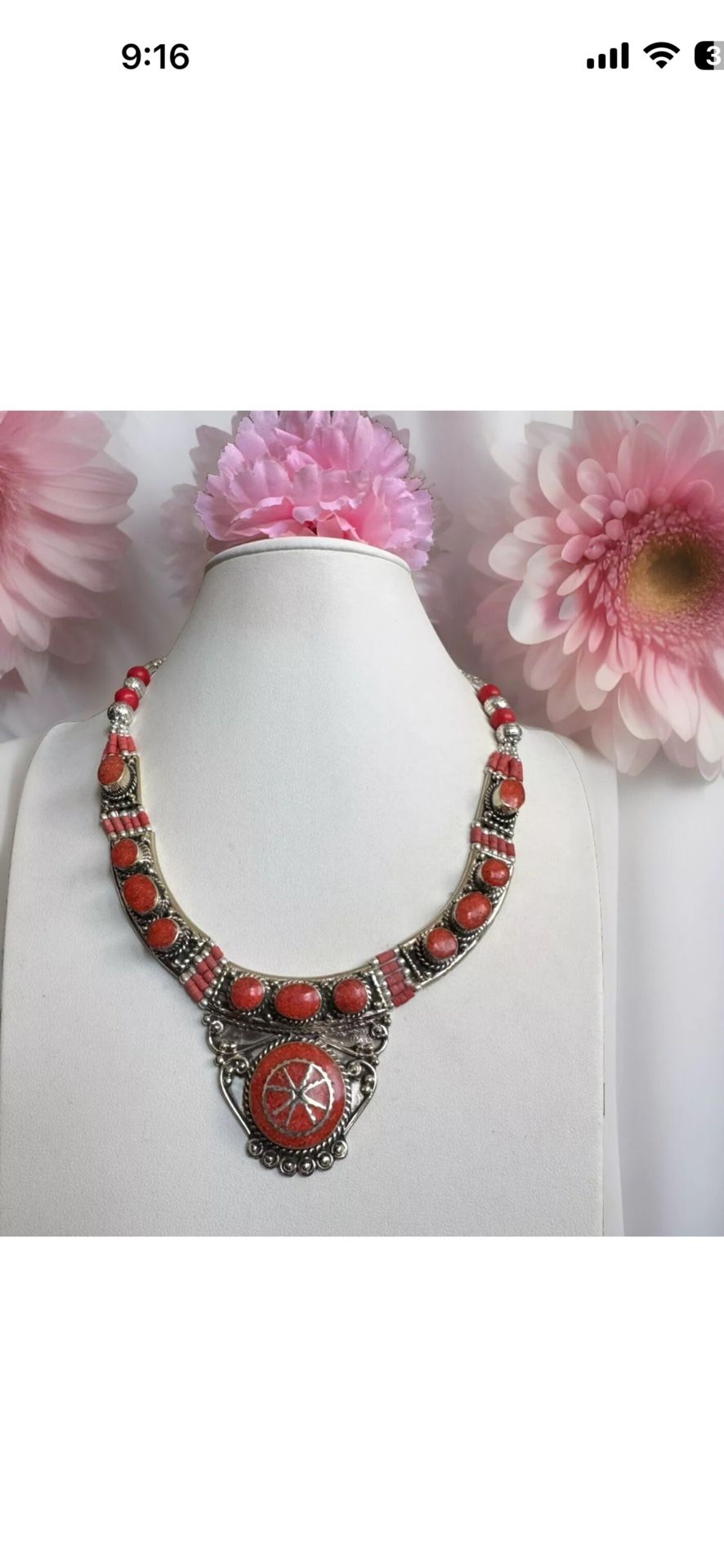 Stunning handcrafted tribal style pendant necklace with coral set in Silver 18”inch