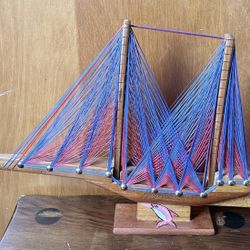 Vintage Turks & Caicos String Art Sail Ship Boat Wooden Blue and Red Strings