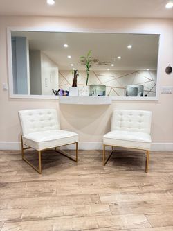 White faux leather Chairs with Gold Legs – Set of 2