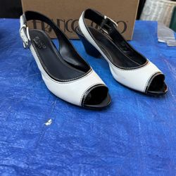 Franco Sarto Black and White Peep-Toe Slingback Heels