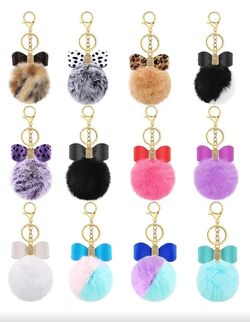 Ramdom Color fluffy  Pompom Keychain Charm With Rhinestone Bow