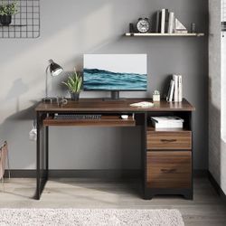 48 in. Rectangular Cherry 2-Drawers Computer Writing Desk with Open Storage and Keyboard Tray