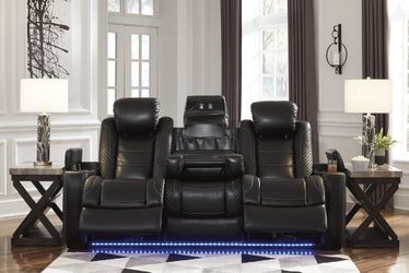 ⭐ IN STOCK ⭐Party Time Midnight LED Power Reclining Sofa with Adjustable Headrest