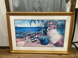 Vintage Coastal Tropical Framed Art Print – Gold Frame Beach Ocean Patio Decor