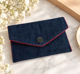 Japanese Denim Card Case Handmade in Japan Red Floral Lining Snap Closure 4.5x3”