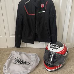 Ducati jacket, and Shoei Helmet