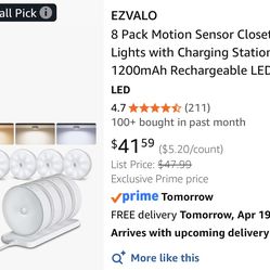 EZVALO 8 Pack Motion Sensor Closet Lights with Charging Station