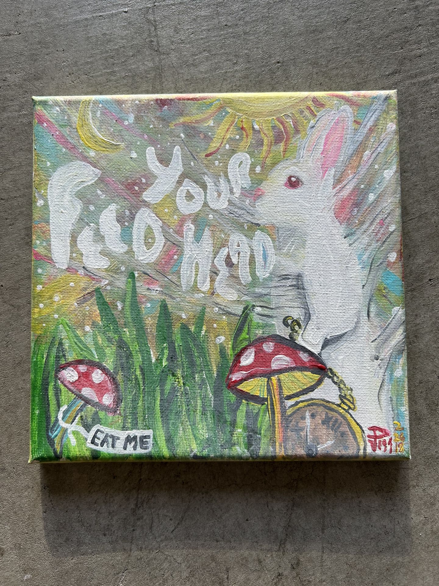 “Feed Your Head” Trippy Mushroom & Rabbit Canvas Painting