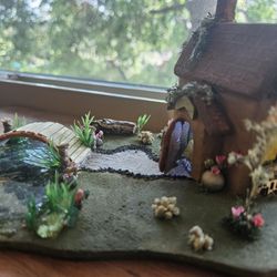 Original Handcrafted Miniature House with Bridge Over Resin Pond