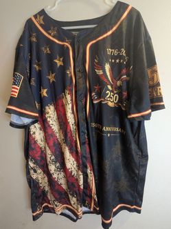 Men's XL 250 Years 1(contact info removed) USA Flag Baseball Jersey Button Front Blue USA Patriotic shirts mens celebration July 4th red white blue