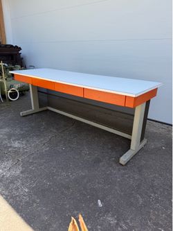 Vintage Mid Century Industrial Workbench Desk Orange 3 Drawer Craft Table 72"