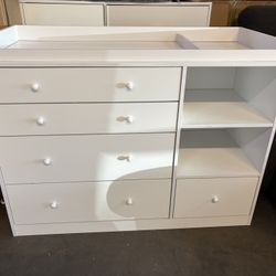 47" Baby Nursery Dreser Diaper Changing Table Furniture with 5 Drawers and 2 Shelves, Dresser for Baby Nursery with Storage & Removable Changing Top S