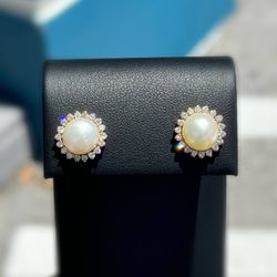 18k solid yellow gold 1CTW Natural Diamond 7CTW Pearl flower stud earrings