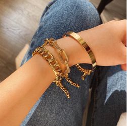 Punk Style 3pcs/Set Curb Cuban Multilayer Link chain bracelet, Gold Color