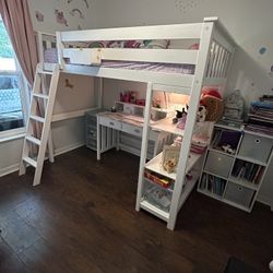 kids/girls bunk bed with desk white wood, twin,