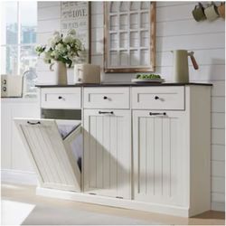 DecorUHome Triple Tilt Out Trash Can Cabinet 20 Gallon Farmhouse 3-Tier Drawer and Adjustable Shelf Hidden Wooden Sorting Trash Cabinet for Kitchen  P