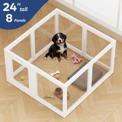 Clear Acrylic Dog Playpen Indoor, 8-Panel Premium Pet Play Pen for Puppies, Cats & Rabbits, Heavy Duty Foldable Dog Fence Crate Kennel, White(24" Heig